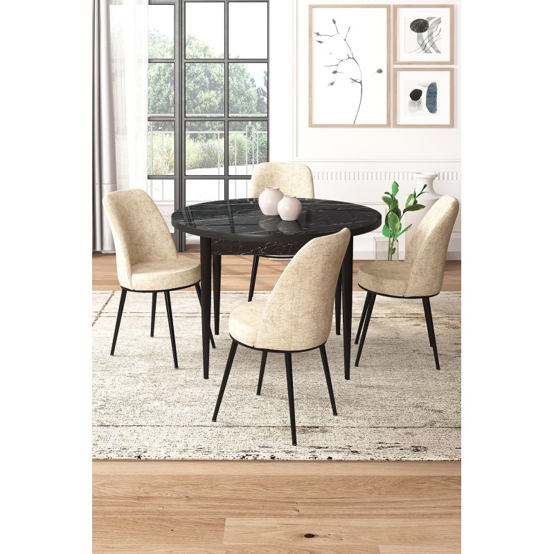 Dining Table & Chairs Set (5 Pieces) Tor - Black Marble, Cream Black Marble
Cream