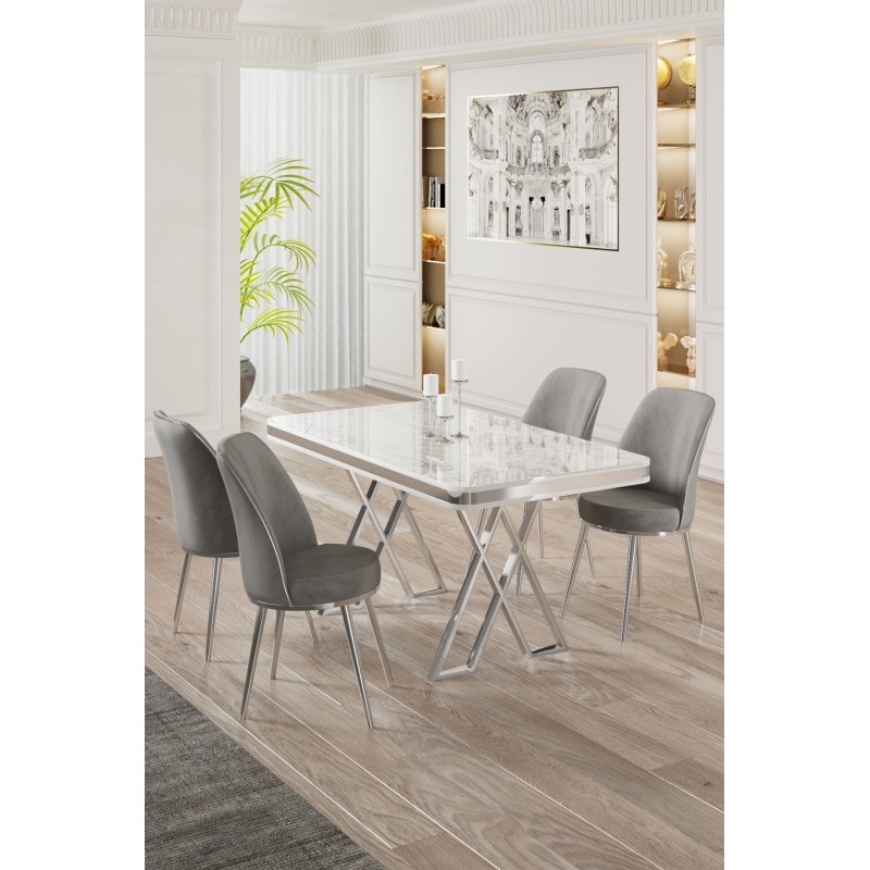 Dining Table & Chairs Set (5 Pieces) Vals - White, Chrome, Grey White
Chrome
Grey