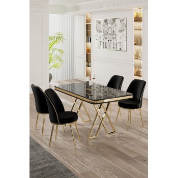 Dining Table & Chairs Set (5 Pieces) Vals - Black Marble, Gold, Black Black Marble
Gold
Black