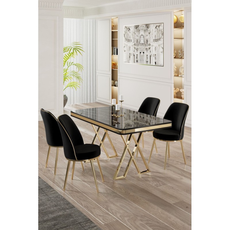 Dining Table & Chairs Set (5 Pieces) Vals - Black Marble, Gold, Black Black Marble
Gold
Black