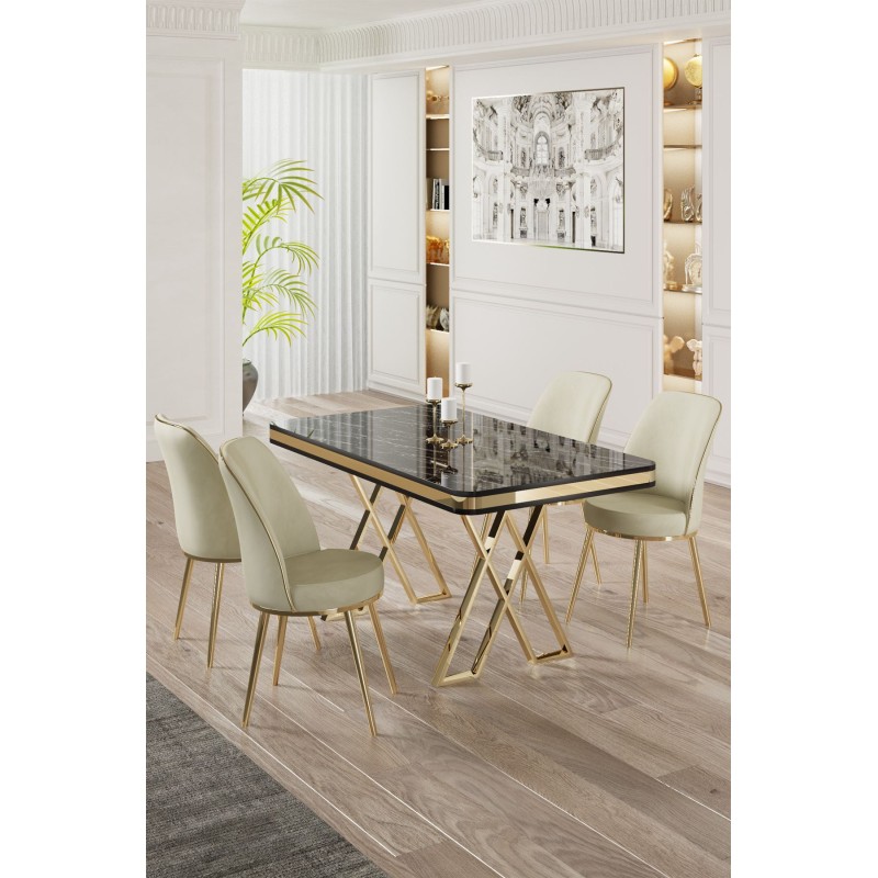 Dining Table & Chairs Set (5 Pieces) Vals - Black Marble, Gold, Cream Black Marble
Gold
Cream