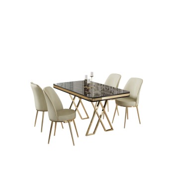 Dining Table & Chairs Set (5 Pieces) Vals - Black Marble, Gold, Cream Black Marble
Gold
Cream