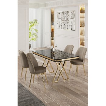 Dining Table & Chairs Set (5 Pieces) Vals - Black Marble, Gold, Cappuccino Black Marble
Gold
Cappuccino