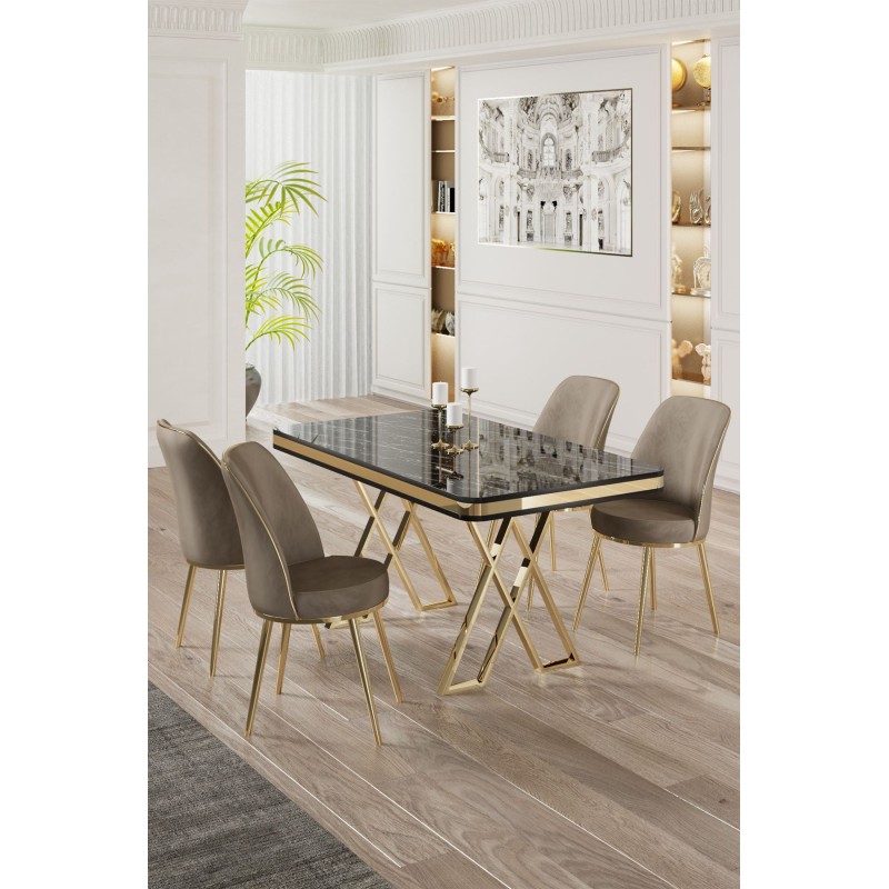 Dining Table & Chairs Set (5 Pieces) Vals - Black Marble, Gold, Cappuccino Black Marble
Gold
Cappuccino
