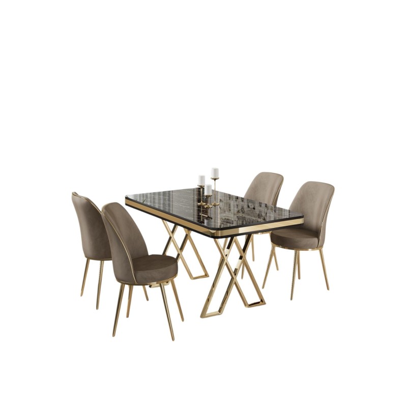 Dining Table & Chairs Set (5 Pieces) Vals - Black Marble, Gold, Cappuccino Black Marble
Gold
Cappuccino