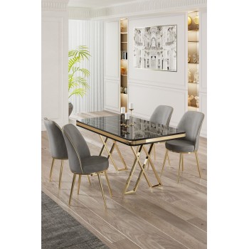 Dining Table & Chairs Set (5 Pieces) Vals - Black Marble, Gold, Grey Black Marble
Gold
Grey