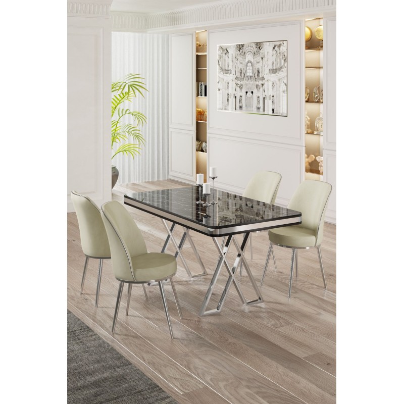 Dining Table & Chairs Set (5 Pieces) Vals - Black Marble, Chrome, Cream Black Marble
Chrome
Cream