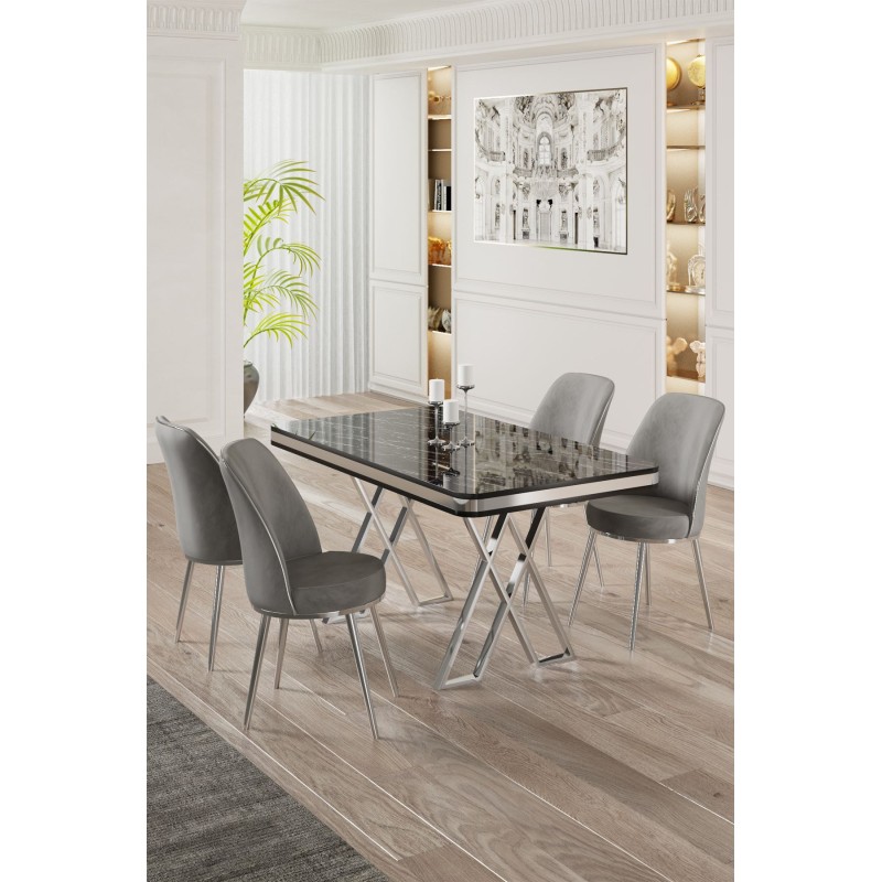 Dining Table & Chairs Set (5 Pieces) Vals - Black Marble, Chrome, Grey Black Marble
Chrome
Grey