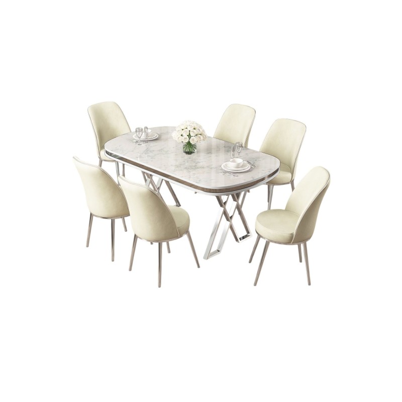 Dining Table & Chairs Set (7 Pieces) Lai - White, Chrome, Cream White
Chrome
Cream