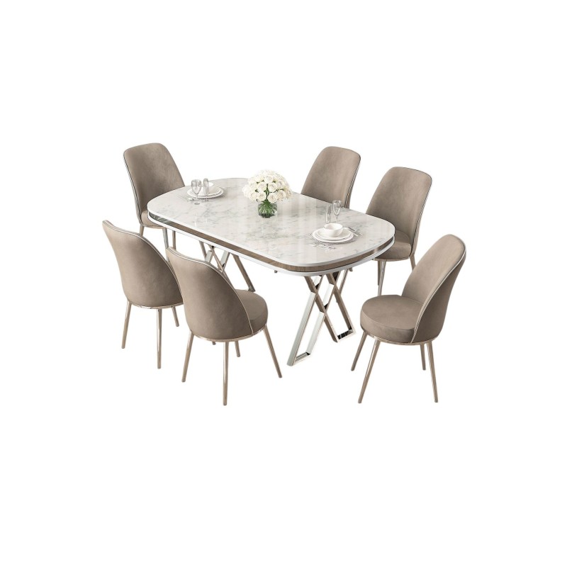 Dining Table & Chairs Set (7 Pieces) Lai - White, Chrome, Cappuccino White
Chrome
Cappuccino