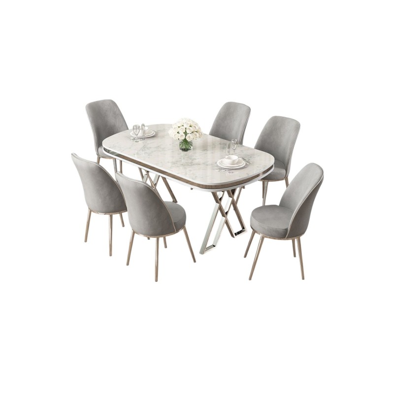 Dining Table & Chairs Set (7 Pieces) Lai - White, Chrome, Grey White
Chrome
Grey