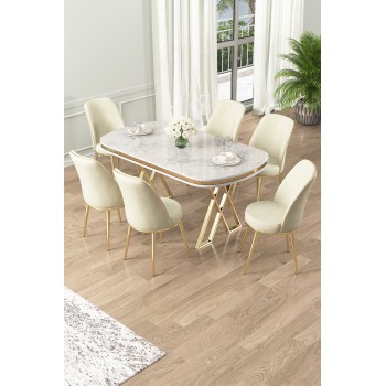 Dining Table & Chairs Set (7 Pieces) Lai - White, Gold, Cream White
Gold
Cream