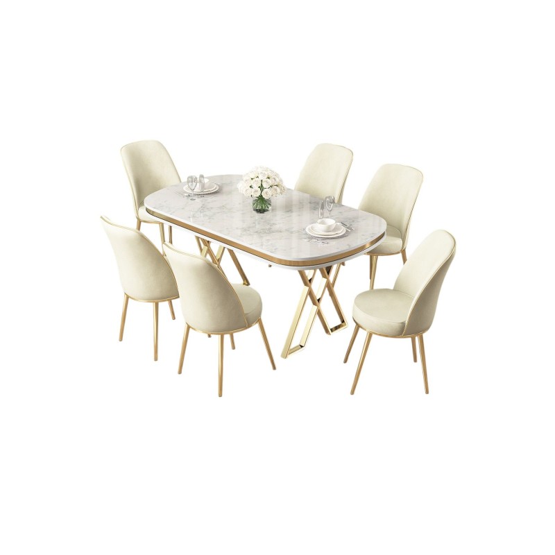 Dining Table & Chairs Set (7 Pieces) Lai - White, Gold, Cream White
Gold
Cream