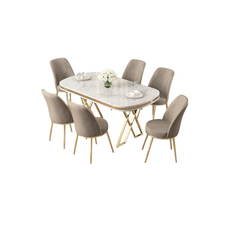 Dining Table & Chairs Set (7 Pieces) Lai - White, Gold, Cappuccino White
Gold
Cappucino