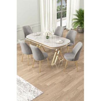 Dining Table & Chairs Set (7 Pieces) Lai - White, Gold, Grey White
Gold
Grey