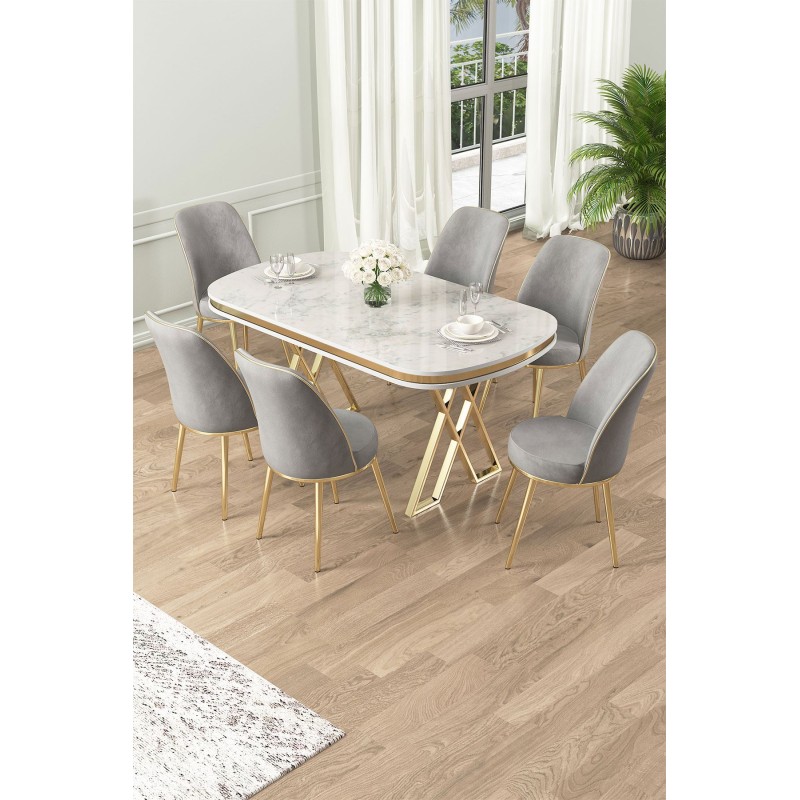 Dining Table & Chairs Set (7 Pieces) Lai - White, Gold, Grey White
Gold
Grey