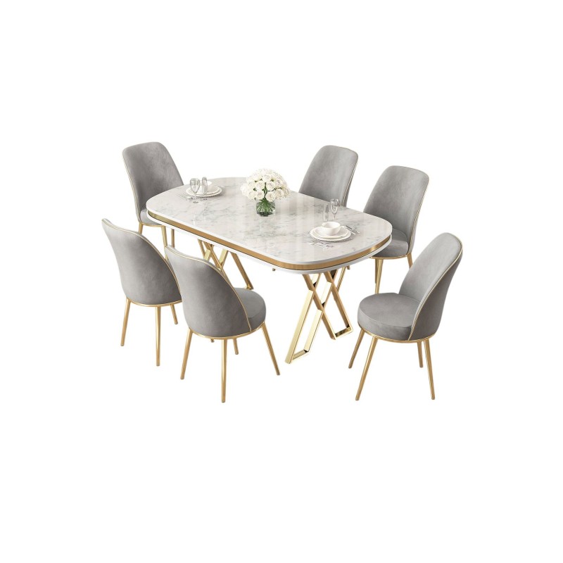 Dining Table & Chairs Set (7 Pieces) Lai - White, Gold, Grey White
Gold
Grey