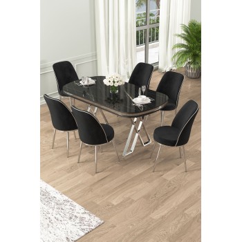 Dining Table & Chairs Set (7 Pieces) Lai - Black Marble, Chrome, Black Black Marble
Chrome
Black