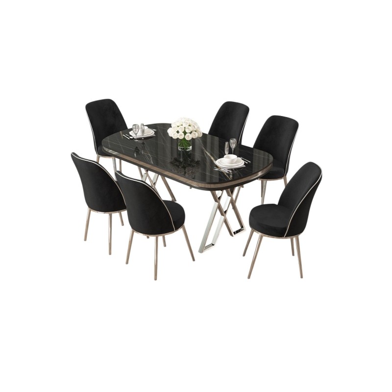 Dining Table & Chairs Set (7 Pieces) Lai - Black Marble, Chrome, Black Black Marble
Chrome
Black