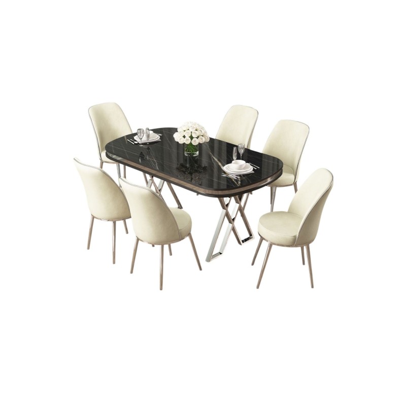 Dining Table & Chairs Set (7 Pieces) Lai - Black Marble, Chrome, Cream Black Marble
Chrome
Cream