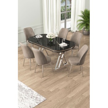 Dining Table & Chairs Set (7 Pieces) Lai - Black Marble, Chrome, Cappuccino Black Marble
Chrome
Cappuccino