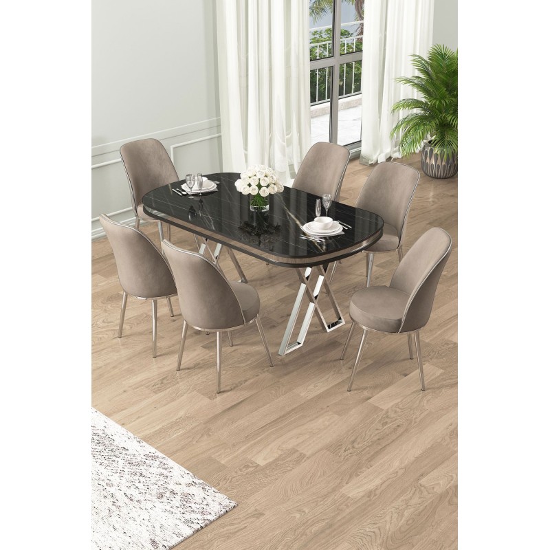 Dining Table & Chairs Set (7 Pieces) Lai - Black Marble, Chrome, Cappuccino Black Marble
Chrome
Cappuccino