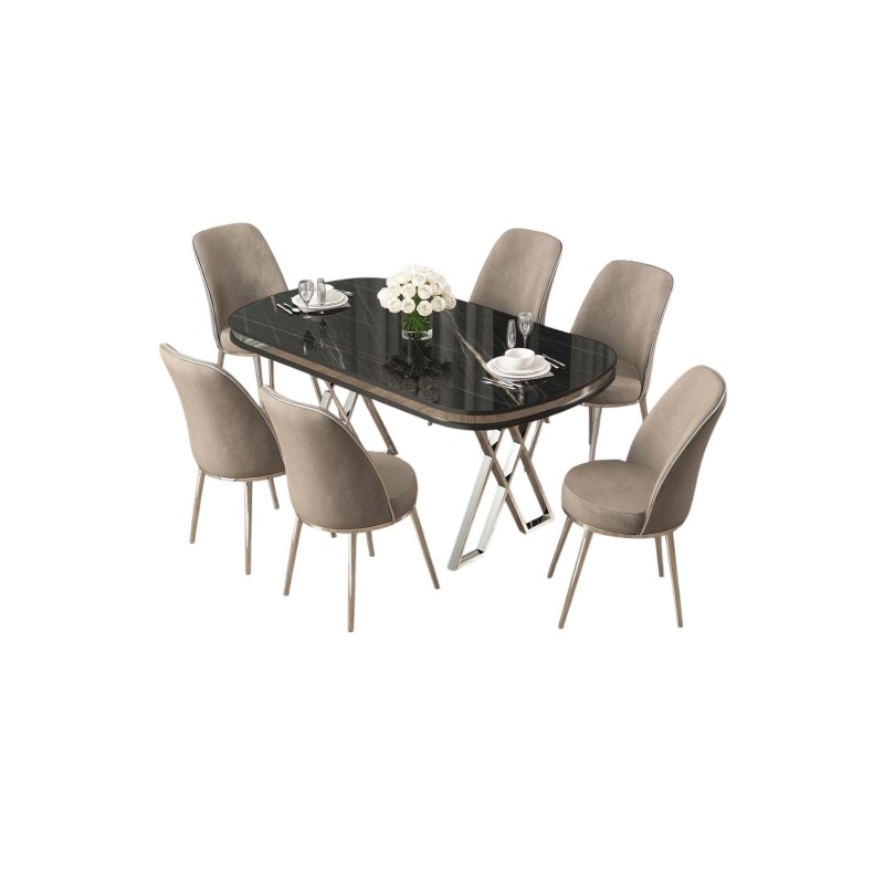 Dining Table & Chairs Set (7 Pieces) Lai - Black Marble, Chrome, Cappuccino Black Marble
Chrome
Cappuccino