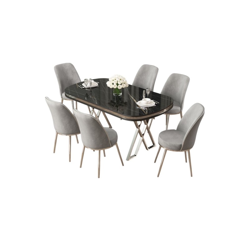 Dining Table & Chairs Set (7 Pieces) Lai - Black Marble, Chrome, Grey Black Marble
Chrome
Grey