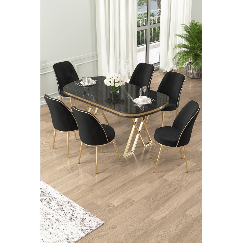 Dining Table & Chairs Set (7 Pieces) Lai - Black Marble, Gold, Black Black Marble
Gold
Black