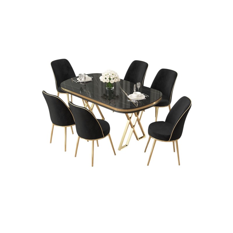 Dining Table & Chairs Set (7 Pieces) Lai - Black Marble, Gold, Black Black Marble
Gold
Black