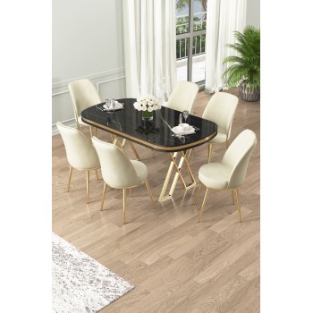 Dining Table & Chairs Set (7 Pieces) Lai - Black Marble, Gold, Cream Black Marble
Gold
Cream
