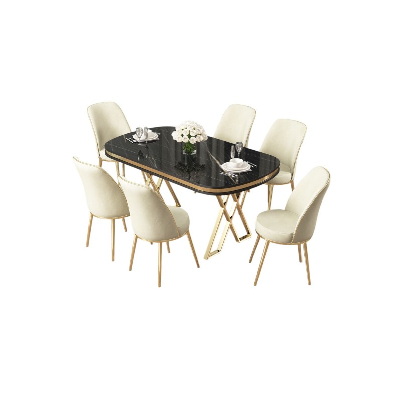 Dining Table & Chairs Set (7 Pieces) Lai - Black Marble, Gold, Cream Black Marble
Gold
Cream