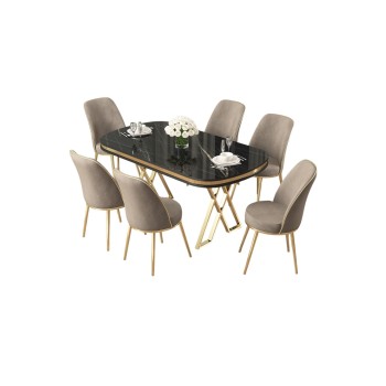 Dining Table & Chairs Set (7 Pieces) Lai - Black Marble, Gold, Cappuccino Black Marble
Gold
Cappuccino