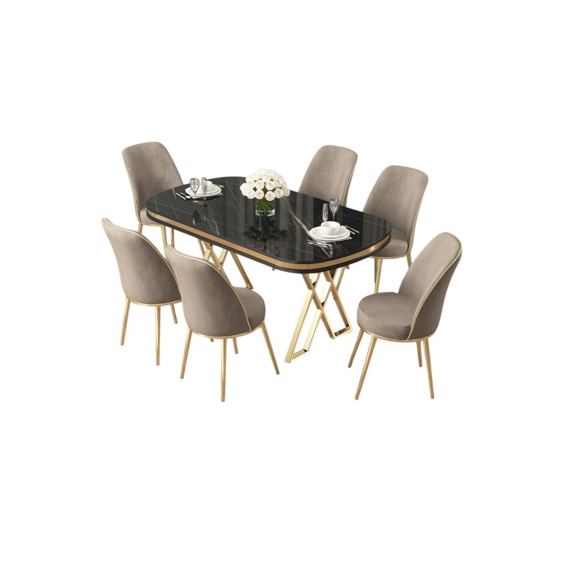 Dining Table & Chairs Set (7 Pieces) Lai - Black Marble, Gold, Cappuccino Black Marble
Gold
Cappuccino