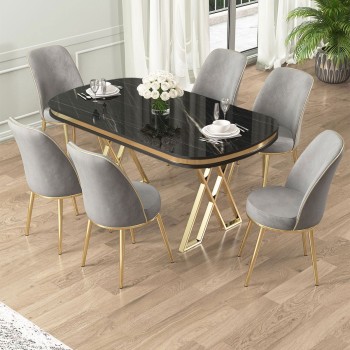 Dining Table & Chairs Set (7 Pieces) Lai - Black Marble, Gold, Grey Black Marble
Gold
Grey