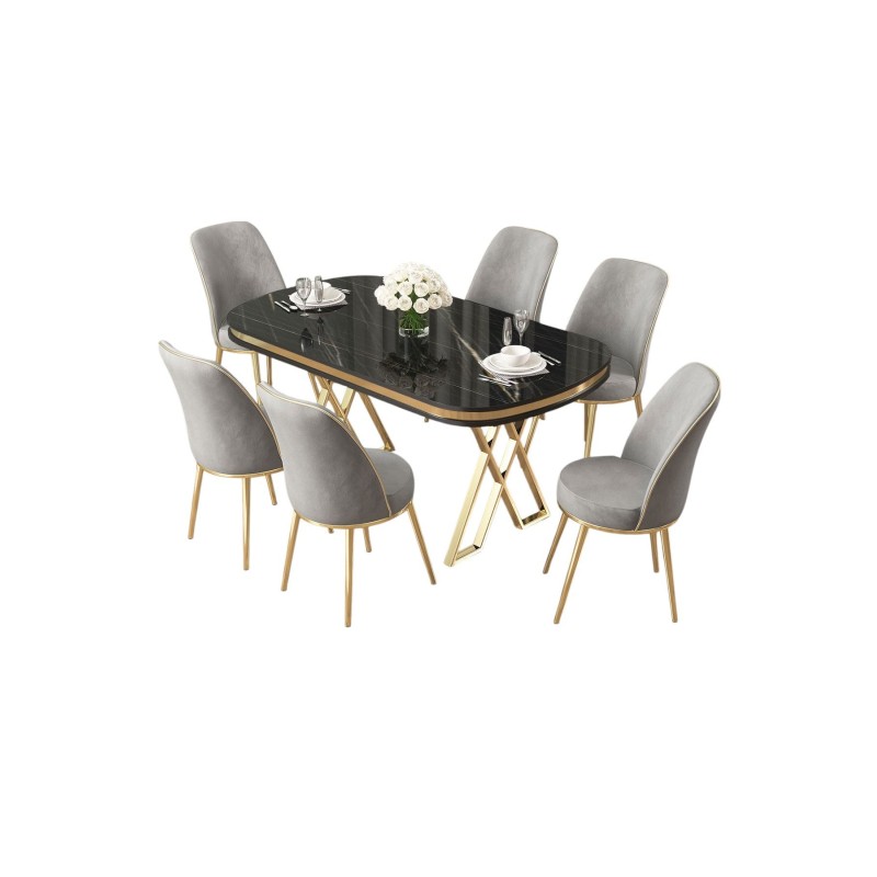Dining Table & Chairs Set (7 Pieces) Lai - Black Marble, Gold, Grey Black Marble
Gold
Grey