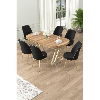 Dining Table & Chairs Set (7 Pieces) Lai - Light Walnut, Gold, Black Light Walnut
Gold
Black