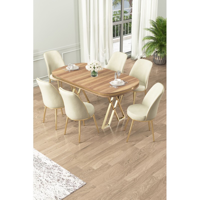 Dining Table & Chairs Set (7 Pieces) Lai - Light Walnut, Gold, Cream Light Walnut
Gold
Cream