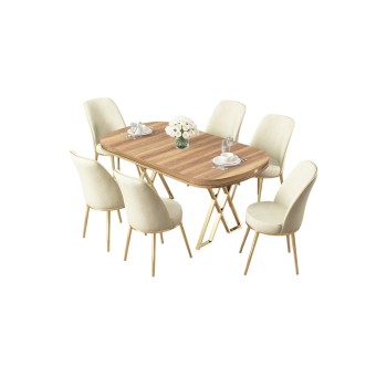 Dining Table & Chairs Set (7 Pieces) Lai - Light Walnut, Gold, Cream Light Walnut
Gold
Cream