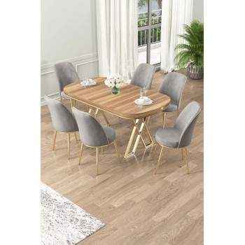 Dining Table & Chairs Set (7 Pieces) Lai - Light Walnut, Gold, Grey Light Walnut
Gold
Grey