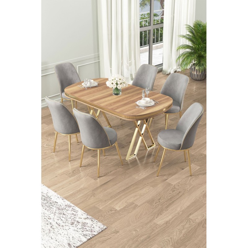 Dining Table & Chairs Set (7 Pieces) Lai - Light Walnut, Gold, Grey Light Walnut
Gold
Grey