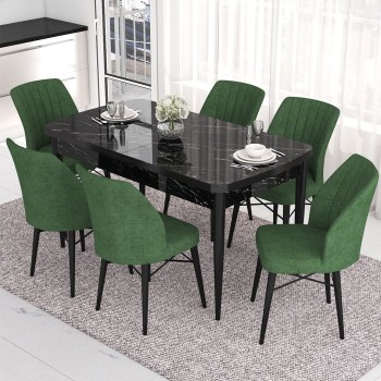 Extendable Dining Table & Chairs Set (7 Pieces) Eva - Black Marble, Khaki Black Marble
Khaki