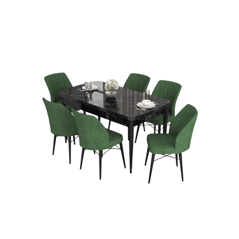 Extendable Dining Table & Chairs Set (7 Pieces) Eva - Black Marble, Khaki Black Marble
Khaki