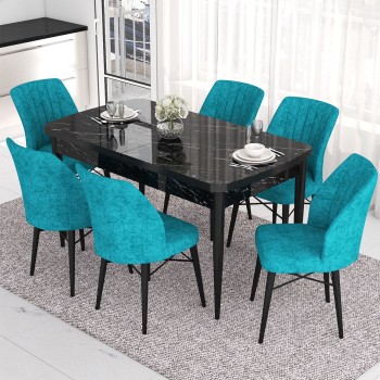 Extendable Dining Table & Chairs Set (7 Pieces) Eva - Black Marble, Turquoise Black Marble
Turquoise