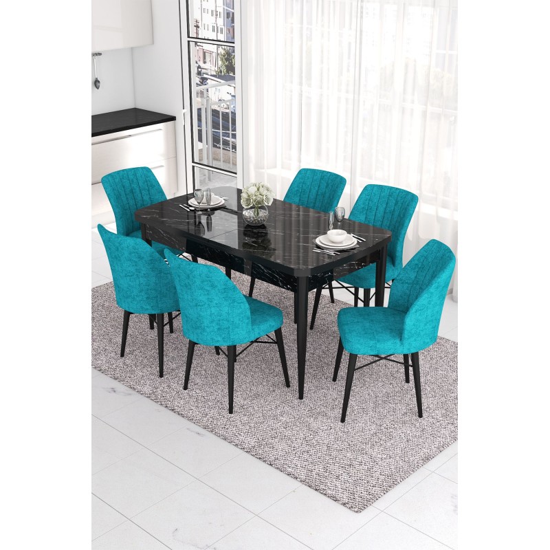 Extendable Dining Table & Chairs Set (7 Pieces) Eva - Black Marble, Turquoise Black Marble
Turquoise