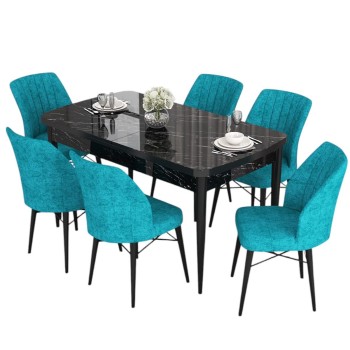 Extendable Dining Table & Chairs Set (7 Pieces) Eva - Black Marble, Turquoise Black Marble
Turquoise
