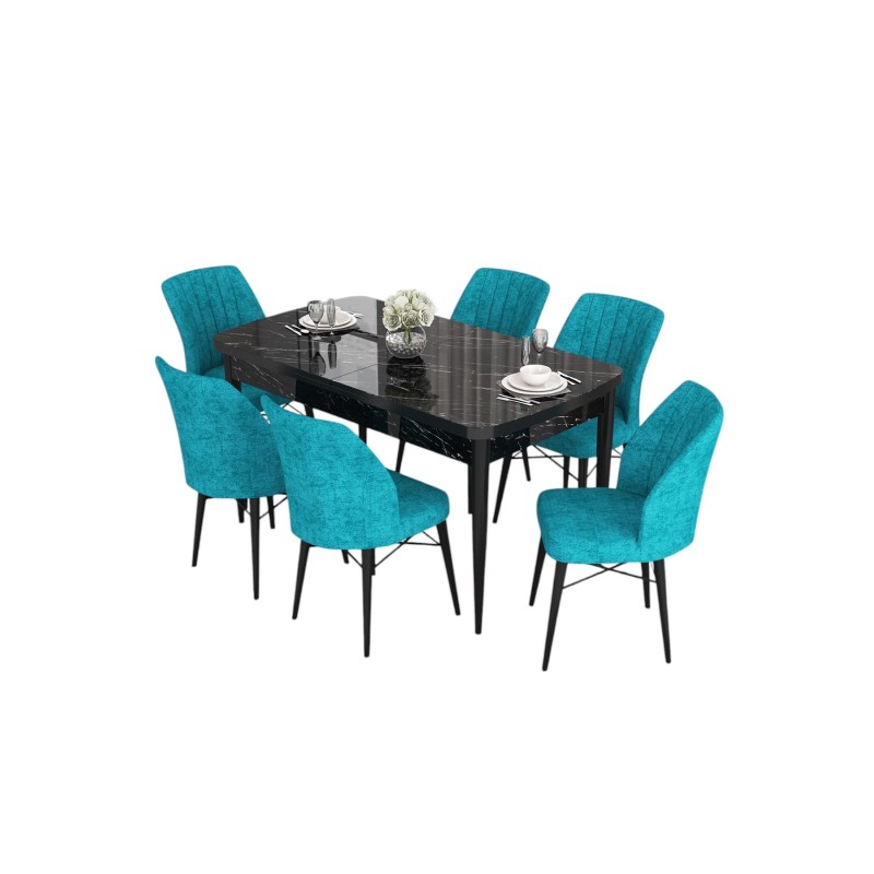Extendable Dining Table & Chairs Set (7 Pieces) Eva - Black Marble, Turquoise Black Marble
Turquoise