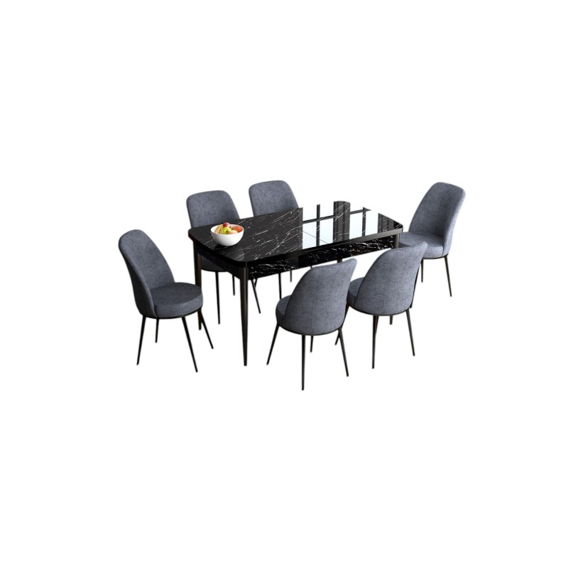 Extendable Dining Table & Chairs Set (7 Pieces) Han - Black Marble, Fume Black Marble
Fume