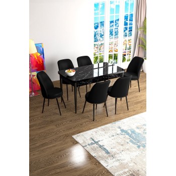 Extendable Dining Table & Chairs Set (7 Pieces) Han - Black Marble, Black Black Marble
Black