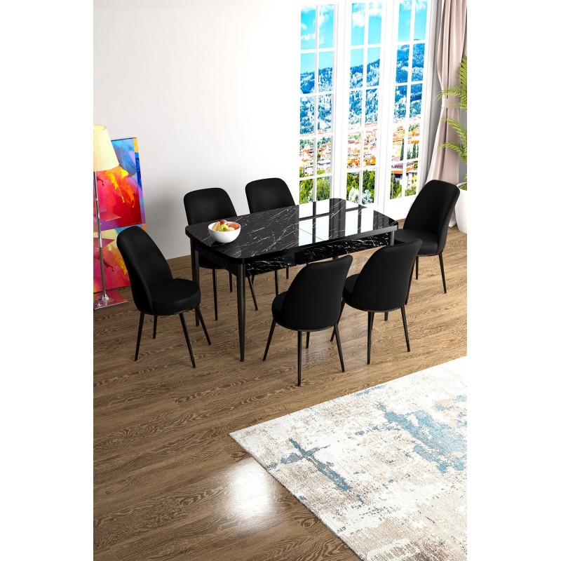 Extendable Dining Table & Chairs Set (7 Pieces) Han - Black Marble, Black Black Marble
Black